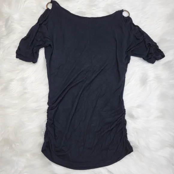 Umgee cold shoulder rushed side soft strechy gold rings top - Picture 2 of 5